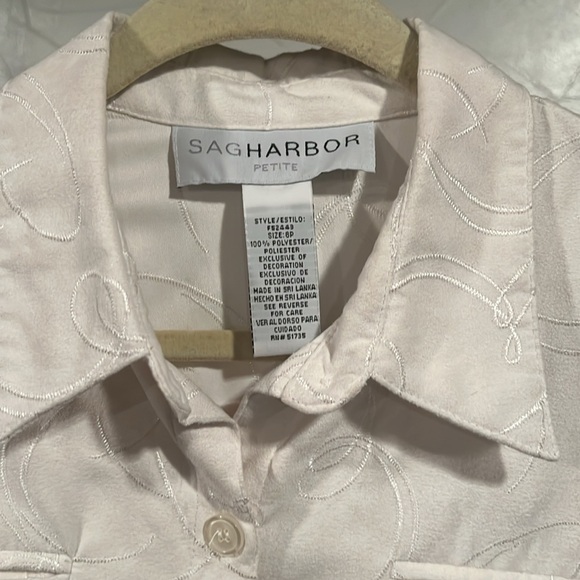 Sag Harbor Petite- cream button down embroidered  blouse - 8 - Picture 2 of 6